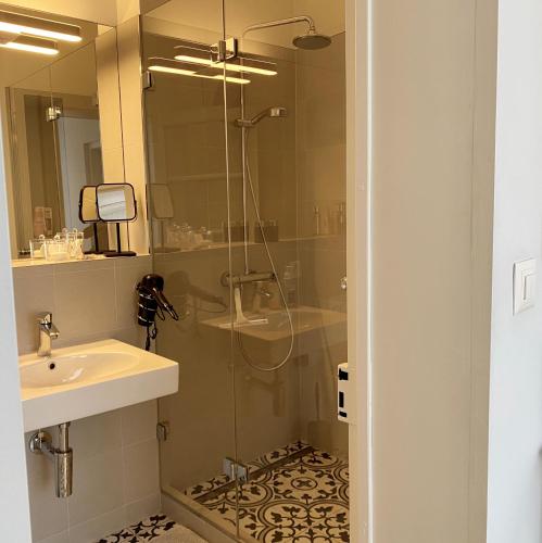 un baño con ducha y lavabo en Lovely studio in a villa from 18th century, en Thun