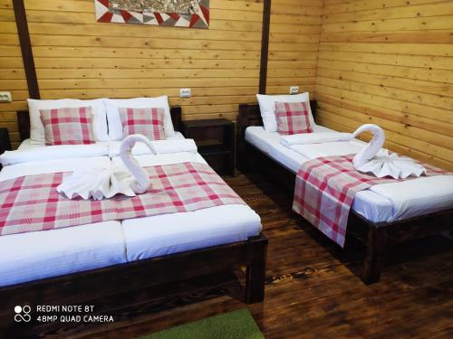 dwa łóżka w pokoju z łabędziami w obiekcie Дом Шале Оазис w mieście Picunda