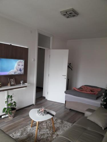 a living room with a bed and a table and a tv at Stan-apartman A&A in Banja Luka