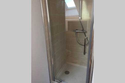 une douche dans une salle de bain avec une porte vitrée dans l'établissement APPARTEMENT T2, à Saint-Brieuc