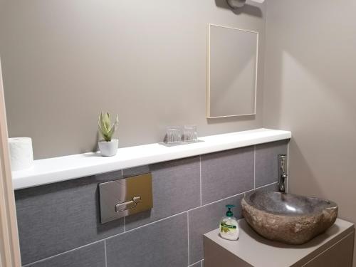 La salle de bains est pourvue d'un lavabo et d'un miroir. dans l'établissement Guesthouse Carl Schmidt, à Põltsamaa