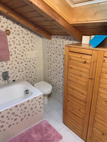 a bathroom with a toilet and a sink and a tub at Mansarda D&D Bormio in Bormio