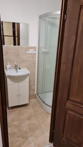 y baño con lavabo y ducha acristalada. en Arató Vendégház en Pécs