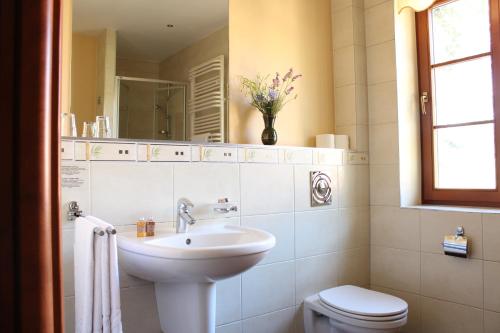a bathroom with a sink and a toilet and a mirror at Wy & Spa in Pobierowo