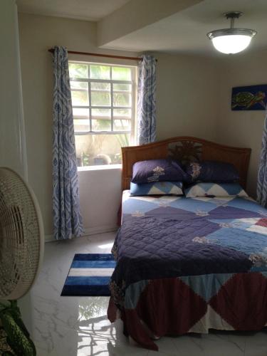 Schlafzimmer mit einem Bett und einem Fenster in der Unterkunft Sea Shells Villa in Christchurch
