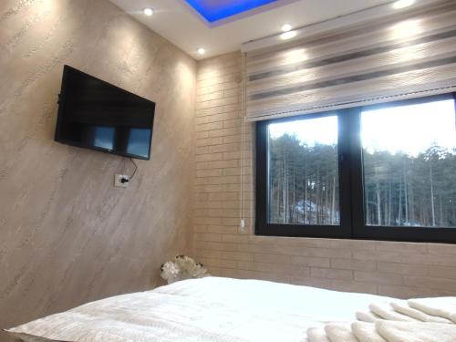 a bedroom with a flat screen tv on the wall at Apartman S33 Vila Pekovic Green in Zlatibor