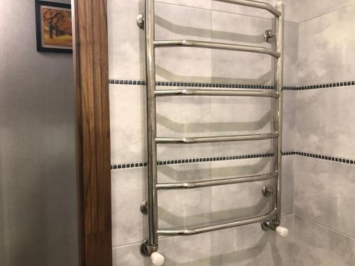 a shower with glass shelves in a bathroom at Prospect Polia apartment in Dnipro