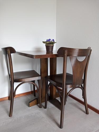 een houten tafel met twee stoelen en een tafel met een plant bij Pousada Cipó Paraty in Paraty