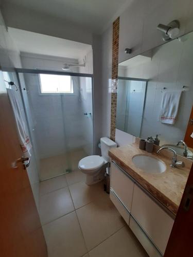 a bathroom with a toilet and a sink and a shower at ZEUS - MODERNO COM WIFI, melhor Localização,máx 4 in São Carlos