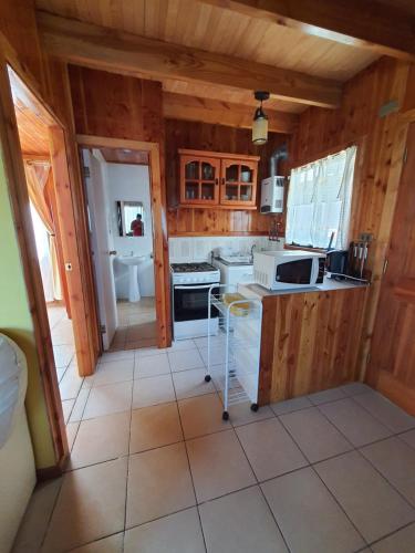 a kitchen with wooden walls and a stove top oven at Las Pircas de Lican in Licán Ray