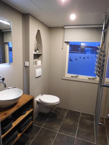 uma casa de banho com um WC, um lavatório e uma janela em WadLeuk! em Den Helder