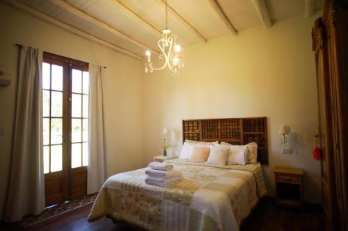 a bedroom with a bed and a chandelier at Posada La Victoria in San Rafael