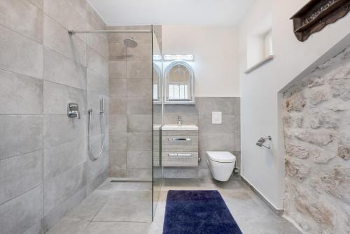 ein Bad mit einer Dusche, einem WC und einem Waschbecken in der Unterkunft Polly Apartments with swimming pool in Babino Polje