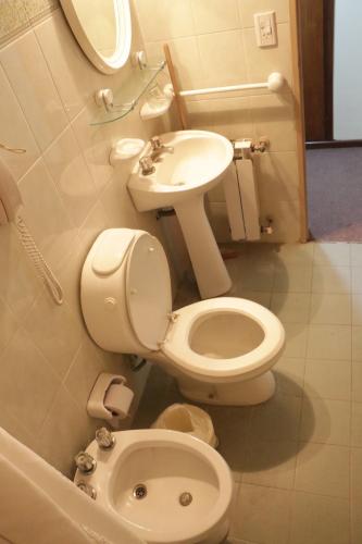 a bathroom with a toilet and a sink at Hotel Catedral in Luján