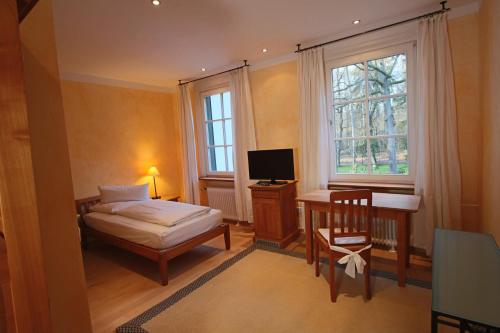 a bedroom with a bed and a desk and a window at Hardtwald Hotel in Bad Homburg vor der Höhe