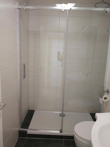 a bathroom with a shower with a toilet and a sink at Central-Apt at Lake, CityCenter 5min, Fair 18min!!! in Nürnberg