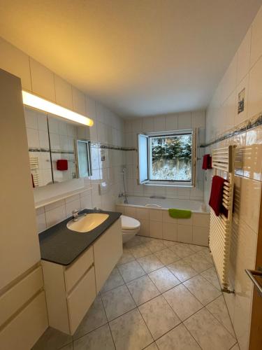 y baño con lavabo, bañera y aseo. en Haus St.Martin, en Zermatt