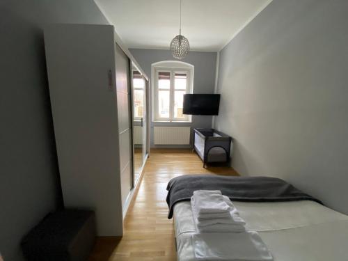 ein Schlafzimmer mit einem Bett und einem TV in der Unterkunft Apartament F21 Deluxe w Bielawie - Widok na Góry Sowie in Bielawa