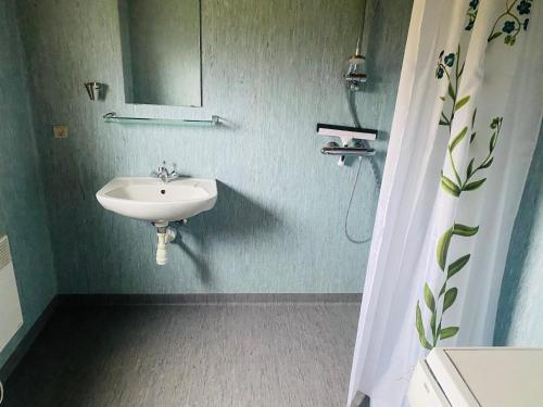 La salle de bains est pourvue d'un lavabo et d'un miroir. dans l'établissement Hummingen Camping hus 2, à Dannemare