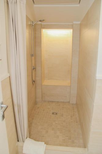 ein Badezimmer mit Dusche und Duschvorhang in der Unterkunft DOMUS DIVI - appartamento nel cuore di Roma in Rom