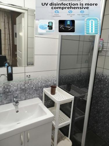 a bathroom with a sink and a mirror at Apartment by the park in Imatra