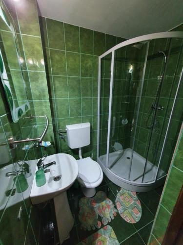 a green tiled bathroom with a toilet and a shower at Casa Cerbu in Arieşeni