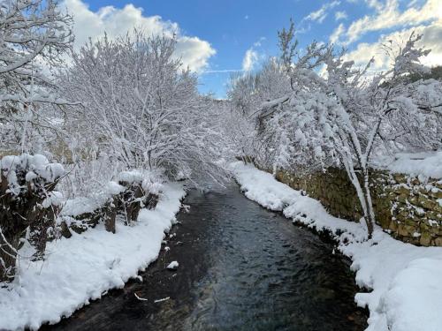 a river with snow covered trees on the side at Hotel Rural Aguazul in Covanera
