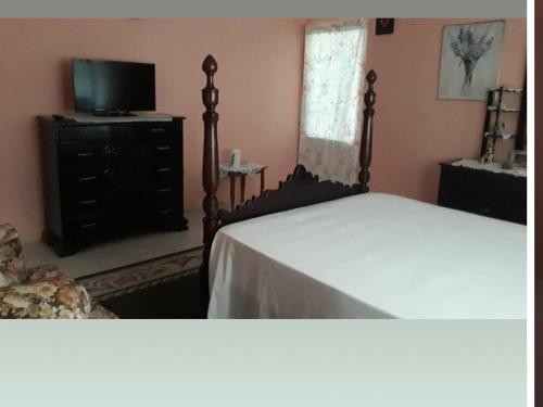 1 dormitorio con cama, TV y tocador en Suzette's Homestay, en Lucea