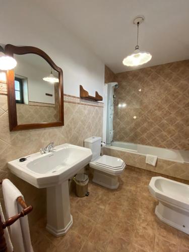 a bathroom with a sink and a toilet and a mirror at Casa de Costoia in Santiago de Compostela