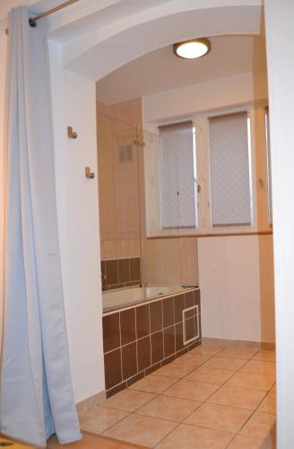 La salle de bains est pourvue d'une baignoire et d'un rideau de douche. dans l'établissement L'enfant de Bohème d'Albi - Centre Unesco - 200m Cathédrale - Parking - Animaux acceptés, à Albi