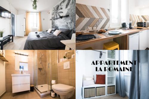 a collage of photos of a small apartment with a bathroom at Auguste, La Romaine et My César - Location Saverne in Saverne