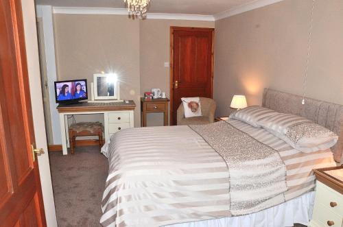 a bedroom with a bed and a desk with a television at Nutstile Farm Bed and Breakfast in Ingleton 