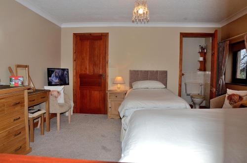 Pokój hotelowy z 2 łóżkami, biurkiem i łóżkiem w obiekcie Nutstile Farm Bed and Breakfast w mieście Ingleton
