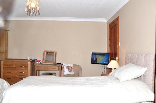a bedroom with a bed and a desk with a television at Nutstile Farm Bed and Breakfast in Ingleton 