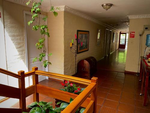 a living room with a bench and some plants at Hotel Volcano Baños in Baños