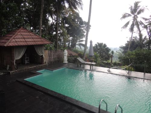 a swimming pool in a yard with a bench and trees at Oase Van Java in Salatiga