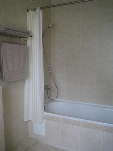 a bathroom with a tub and a shower curtain at Bellavilla in Vilnius