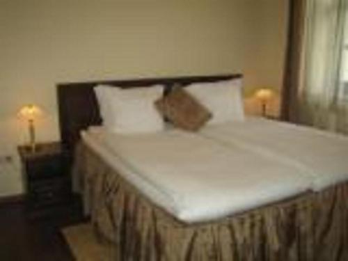 a bedroom with a large bed with white sheets and pillows at Bellavilla in Vilnius