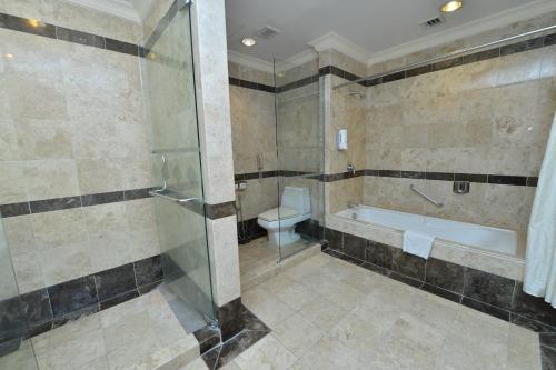 Emerald Puteri Hotel في سونغاي بيتاني: حمام مع دش وحوض استحمام ومرحاض