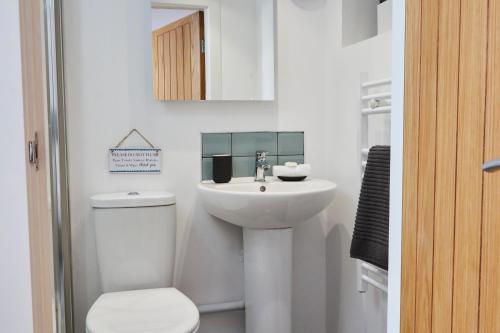 La salle de bains blanche est pourvue de toilettes et d'un lavabo. dans l'établissement The Little Apartment, à Kegworth
