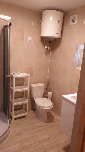 een kleine badkamer met een toilet en een wastafel bij Camping Marina in Sulęcin