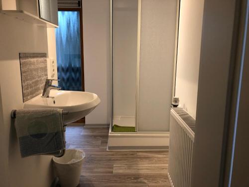 a white bathroom with a sink and a shower at Pension Jägerschenke in Luhe-Wildenau