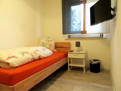 にあるPension Jägerschenkeの小さなベッドルーム(ベッド1台、テレビ付)