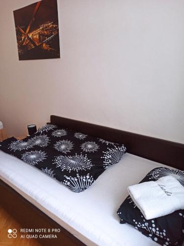 ein Bett mit einer schwarz-weißen Decke drauf in der Unterkunft Lucka in Ústí nad Labem
