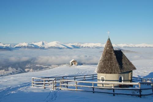 a building on top of a snowy mountain with a fence at Alpengasthof Krische in Murau