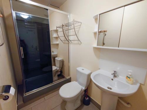 W łazience znajduje się toaleta, umywalka i prysznic. w obiekcie La Riviere Lune w mieście Belvianes-et-Cavirac