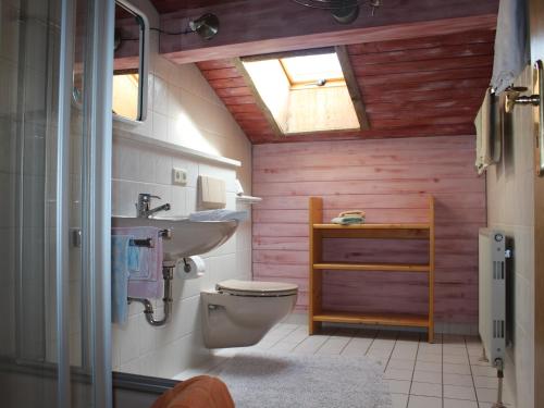 a bathroom with a toilet and a sink and a skylight at Gästehaus Kress - Chiemgau Karte in Inzell