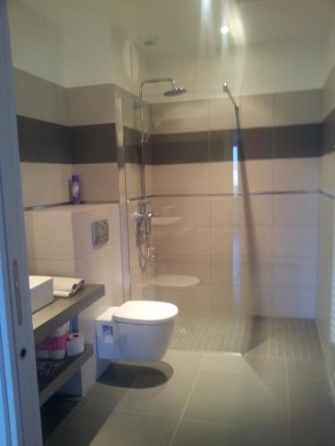 une salle de bain avec toilettes et douche en verre dans l'établissement Marina d'Oro, à Propriano