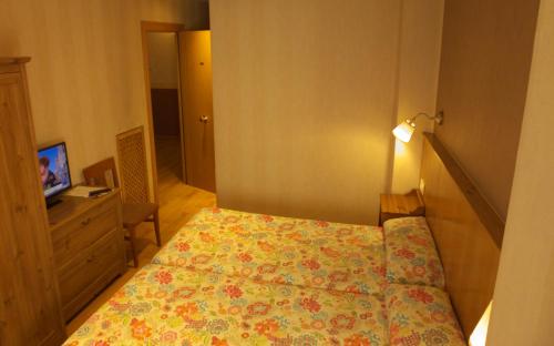 a small bedroom with a bed and a television at Hostal Orejas in León