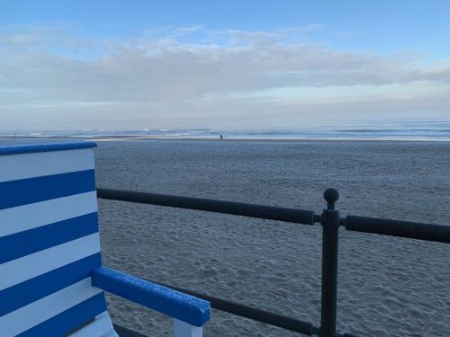 a view of the beach with a blue and white fence at studio Zeedijk Emperador in Middelkerke